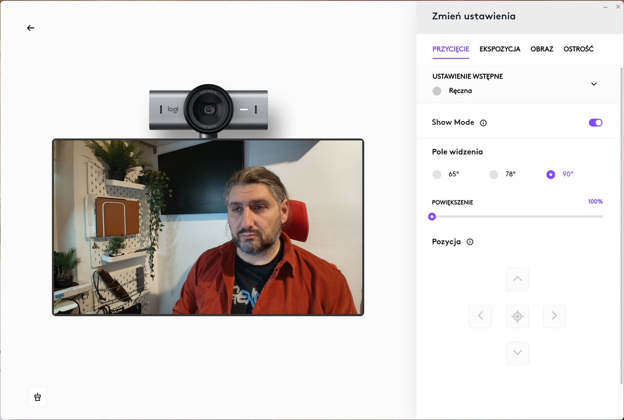 Oprogramowanie Logitech MX Brio, zmiana pola widzenia na 90 stopni
