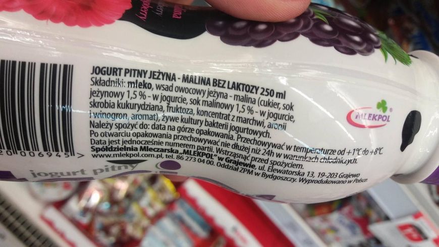 Jogurt pitny jeżyna - malina bez laktozy firmy Mlekpol
