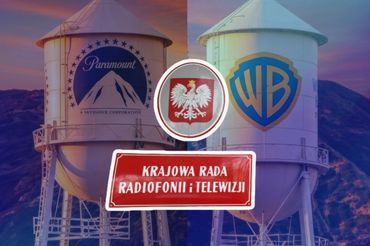 Tablica KRRiT na tle logo Paramount i Warner Bros., fot. PAP
