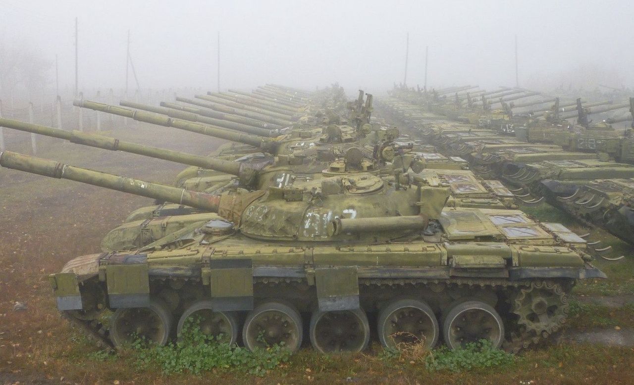 Russian tanks stored under the open sky