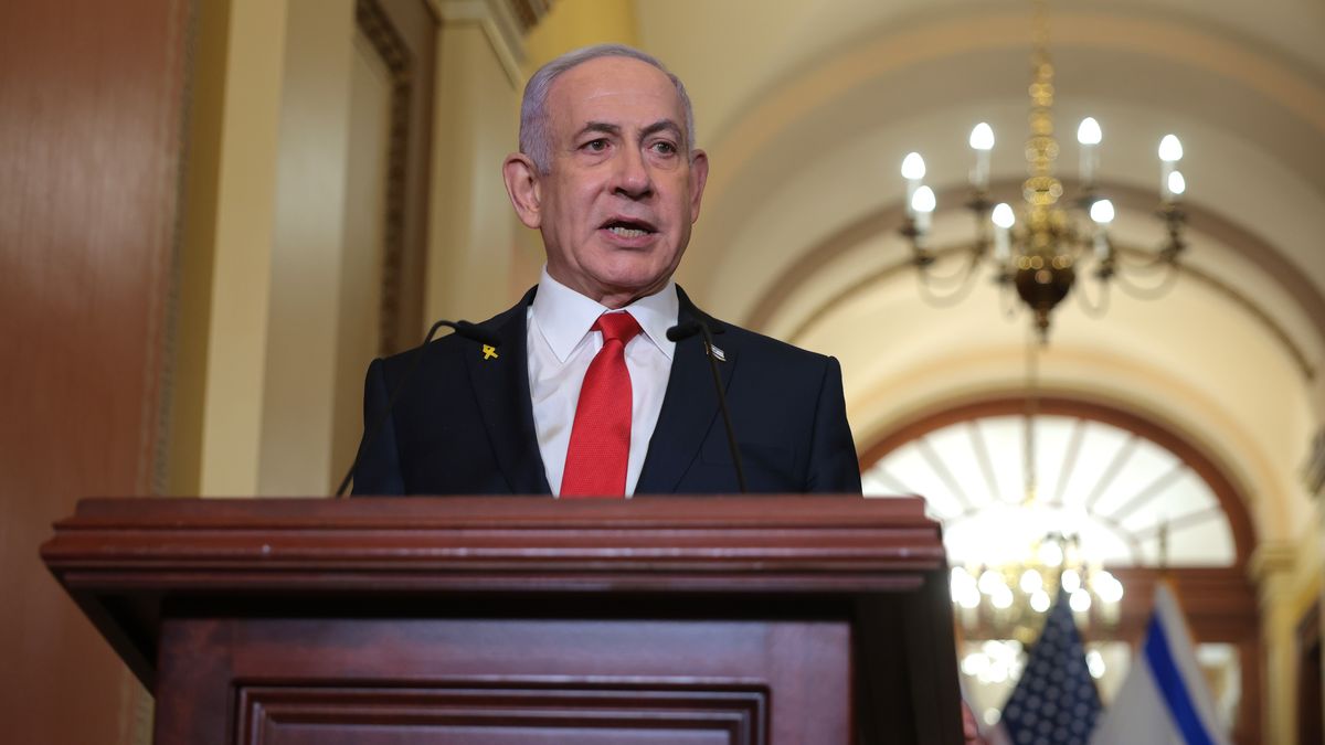 WASHINGTON, DC - FEBRUARY 07: Israeli Prime Minister Benjamin Netanyahu delivers remarks following a meeting with U.S. Speaker of the House Mike Johnson (R-LA) at the U.S. Capitol on February 07, 2025 in Washington, DC. Netanyahu is in Washington for talks with Republican Congressional leaders after visiting the White House for meetings with President Donald Trump, who proposed that the United States take an ownership position of Gaza, transferring millions of Palestinians out as the area is rebuilt and developed. (Photo by Kayla Bartkowski/Getty Images)