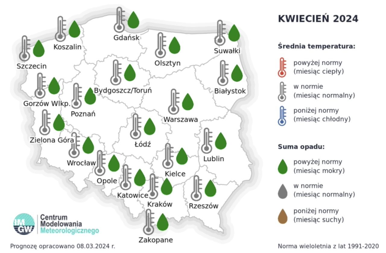 Prognoza średniej miesięcznej temperatury powietrza i miesięcznej sumy opadów atmosferycznych na kwiecień 2024 r. dla wybranych miast w Polsce