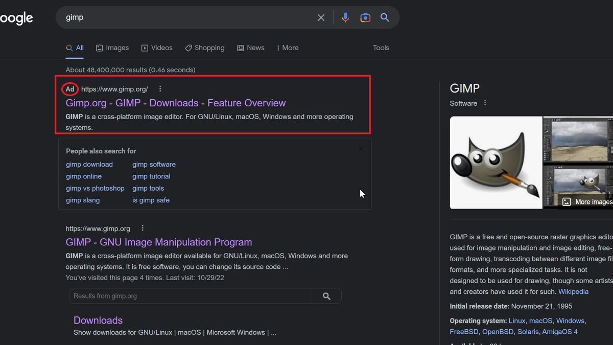 Reklama Google Ads przekierowująca na zainfekowaną stronę.