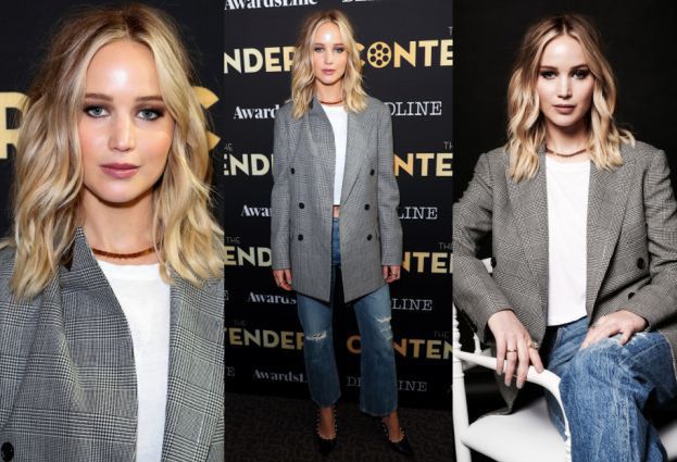 Marynarka w kratę to hit sezonu. Jak nosi ją Jennifer Lawrence?