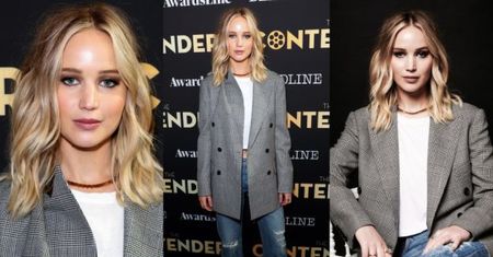 Marynarka w kratę to hit sezonu. Jak nosi ją Jennifer Lawrence?