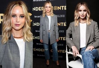 Marynarka w kratę to hit sezonu. Jak nosi ją Jennifer Lawrence?