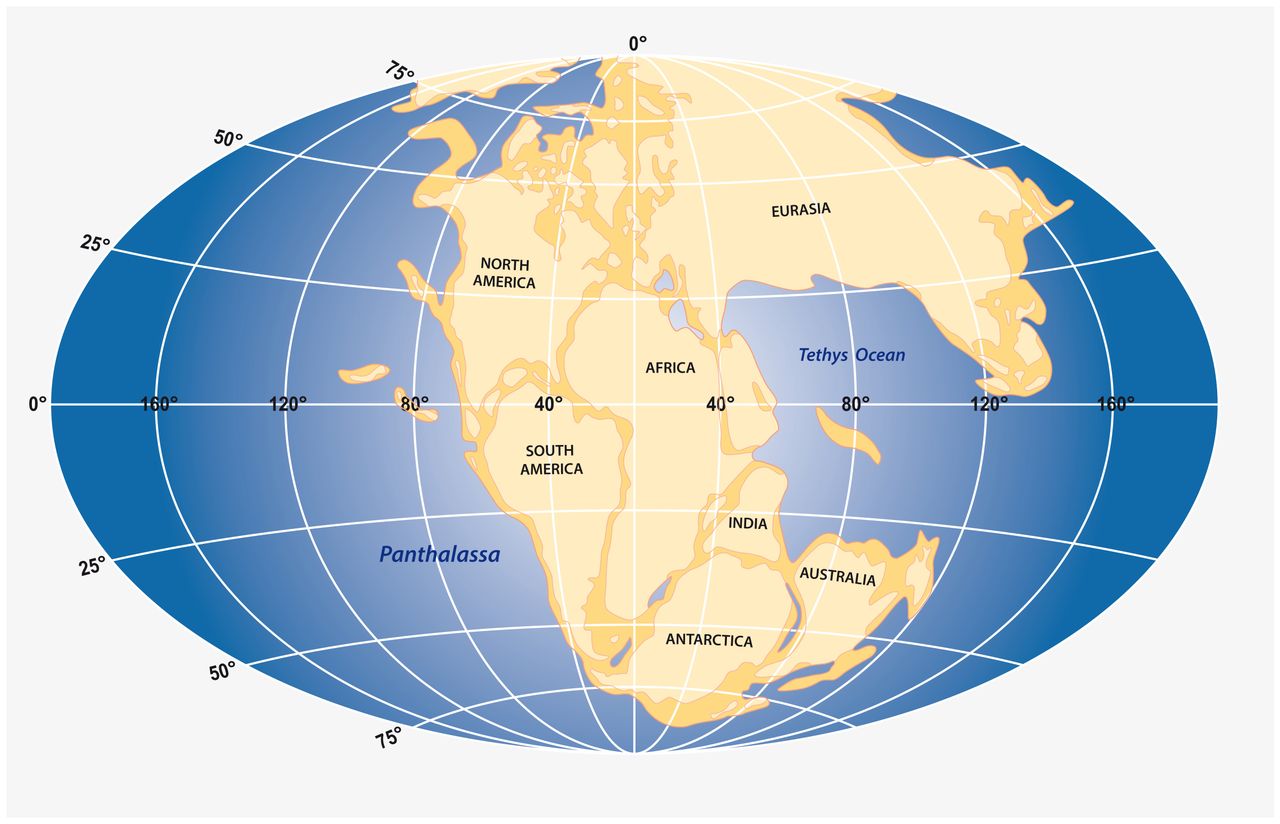 Grafika przedstawiająca superkontynent (Pangea)