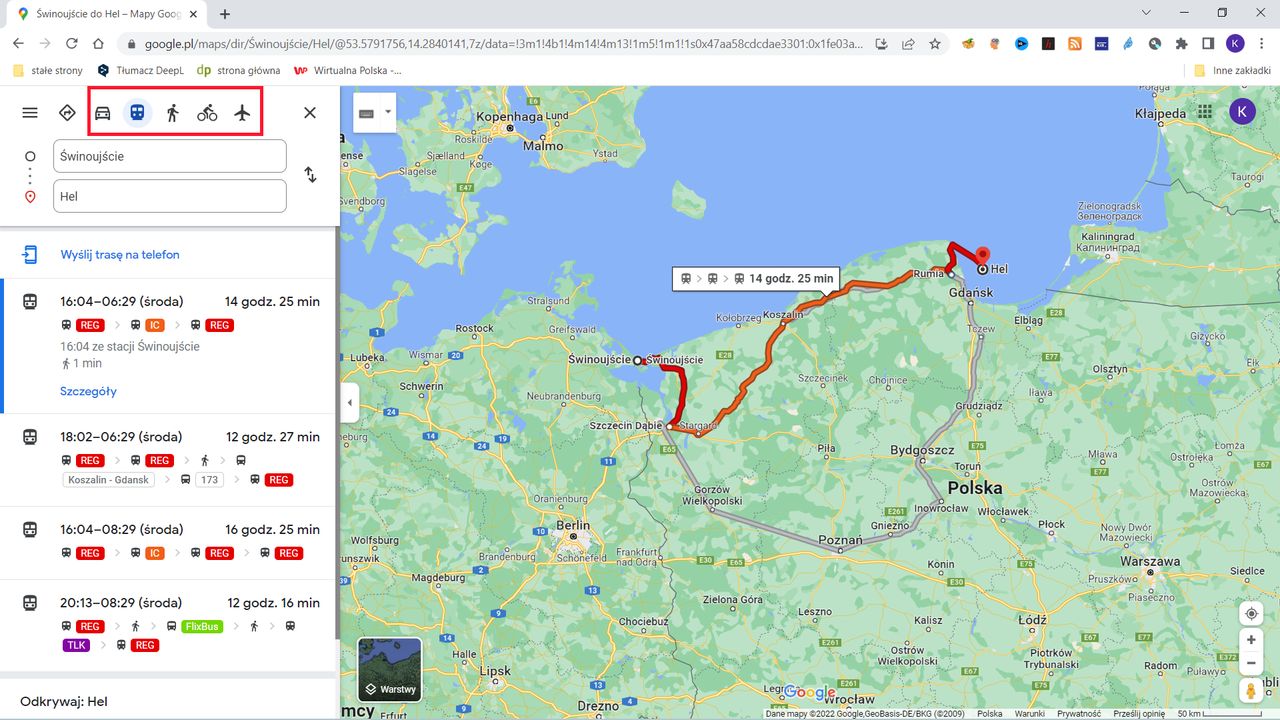 Google Maps: wybieramy rodzaj transportu