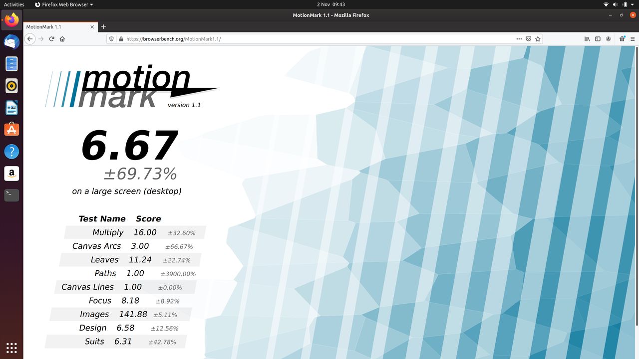 Ubuntu - Firefox - MotionMark - 6.67 punktów