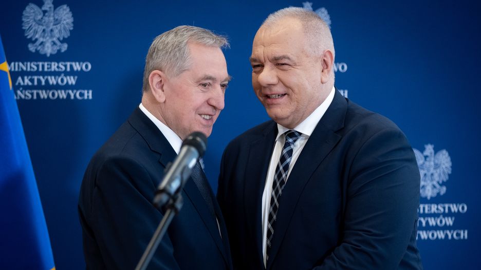 Polish Minister of Agriculture Henryk Kowalczyk and Minister for State Assets Jacek Sasin during a joint press conference on state-owned Food Holding Company in Warsaw, Poland on March 29, 2022 (Photo by Mateusz Wlodarczyk/NurPhoto via Getty Images)