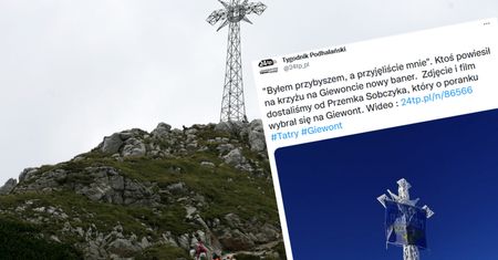 Cytat z Biblii na Giewoncie. Baner na krzyżu zauważył turysta