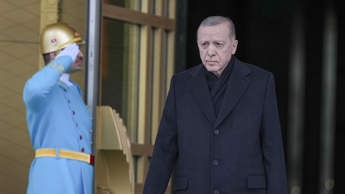 ANKARA, TURKEY - FEBRUARY 20: Turkish President Recep Tayyip Erdogan welcomes Albanian Prime Minister Edi Rama (not seen) with an official ceremony at the Presidential Complex in Ankara, Turkiye on February 20, 2024. (Photo by Emin Sansar/Anadolu via Getty Images)