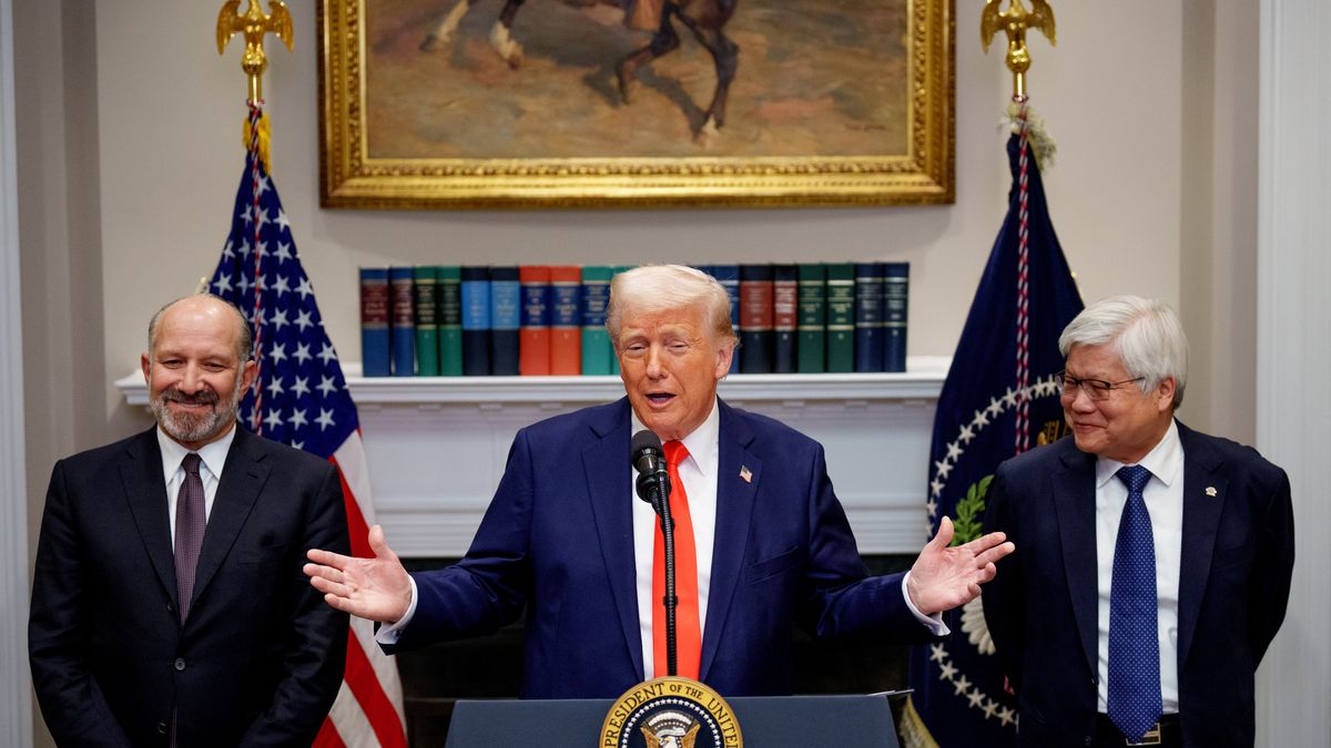 WASHINGTON, DC - MARCH 03: U.S. President Donald Trump, accompanied by Commerce Secretary Howard Lutnick (L) and Taiwan Semiconductor Manufacturing Company (TSMC) CEO C.C. Wei (R), speaks in the Roosevelt Room of the White House on March 3, 2025 in Washington, DC. Trump announced that Taiwan Semiconductor Manufacturing Company, one of the largest manufacturers of semiconductor chips, plans to invest $100 billion in new manufacturing facilities in the United States. (Photo by Andrew Harnik/Getty Images)