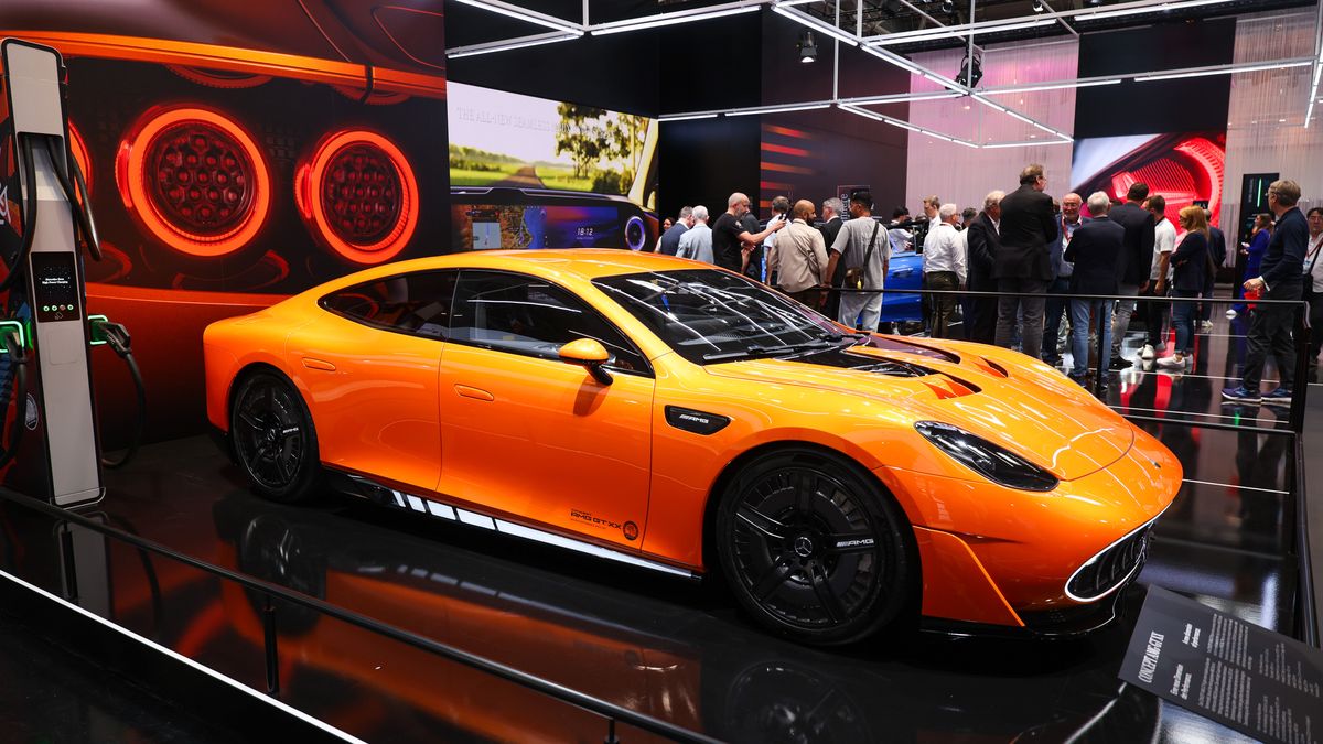 The AMG GT XX concept car electric vehicle (EV) at the Mercedes Benz AG booth at the IAA Mobility 2025 expo in Munich, Germany, on Monday, Sept. 8, 2025. The Munich car show is taking place as trade tensions linger with Beijing following the European Union's decision last year to impose tariffs on EVs imported from China.