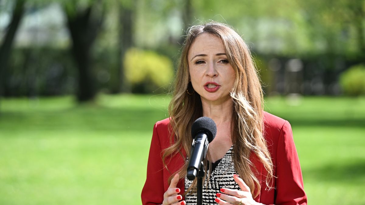 Warszawa, 09.04.2024. Minister rodziny, pracy i polityki społecznej Agnieszka Dziemianowicz-Bąk podczas konferencji prasowej po posiedzeniu rządu przed siedzibą KPRM w Warszawie, 9 bm. Rząd przyjął projekt ustawy o wspieraniu rodziców w aktywności zawodowej oraz w wychowaniu małego dziecka "Aktywny rodzic". (jm) PAP/Radek Pietruszka