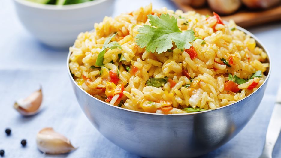 saffron rice with vegetables and cilantro on a blue background. the toning. selective focus Nataliya Arzamasovarice, saffron, herb, curry, pilaf, Indian, pepper, cilantro, snack, sauce, salad, appetizer, Spanish, European, vegetable, garnish, summer, traditional, dinner, fresh, ingredient, homemade, food, dish, vegetarian, lunch, aubergine, prepared, mediterranean, colorful, tasty, arabian, mixed, tasteful, healthy, vegan, ramadan, dark, wooden, rustic, Jewish, rice, closeup, nobody