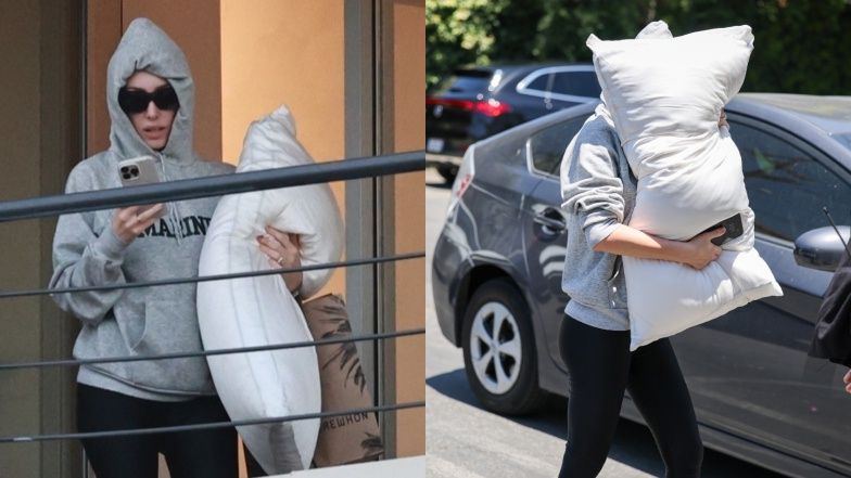 Bianca Censori zasłania się poduszką przed fotoreporterami