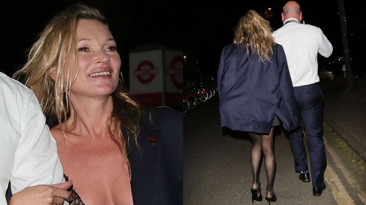 Laughing Kate Moss snuggled into a bodyguard emerges from the Gucci after party (PHOTOS)