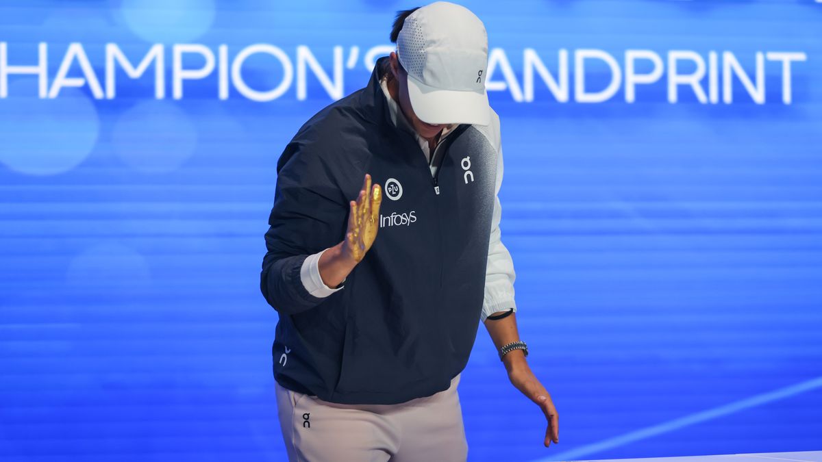 BEIJING, CHINA - OCTOBER 08: Winner Iga Swiatek of Poland attends the hand-printing ceremony after the Women's Singles Final match on day 13 of 2023 China Open at the National Tennis Center on October 8, 2023 in Beijing, China. (Photo by VCG/VCG via Getty Images)