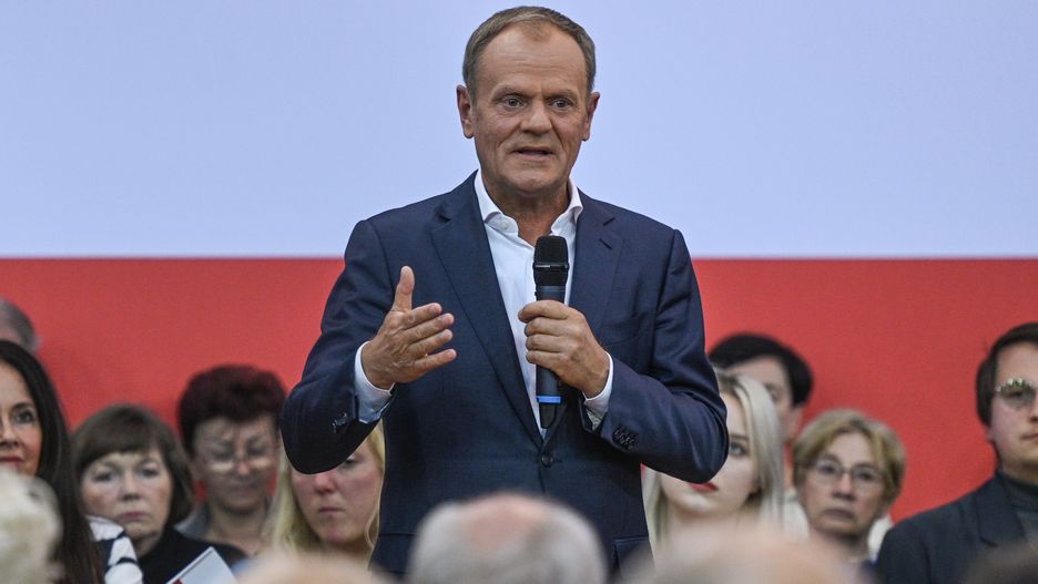 KRAKOW, POLAND - MAY 15, 2023: , Leader of the Civic Platform opposition party, Donald Tusk speaks during a meeting in Krakow, on May 15, 2023, in Krakow, Poland. Chairman Donald Tusk's visit to Krakow marked the 10th stop of the Civic Platform party's tour. The 'Tusk Show' united residents for the #HereIsTheFuture campaign, featuring a mix of familiar and new elements. The dynamic exchange and passionate speeches echoed the March 4th march, rallying all to unite in Warsaw. (Photo by Artur Widak/NurPhoto via Getty Images)