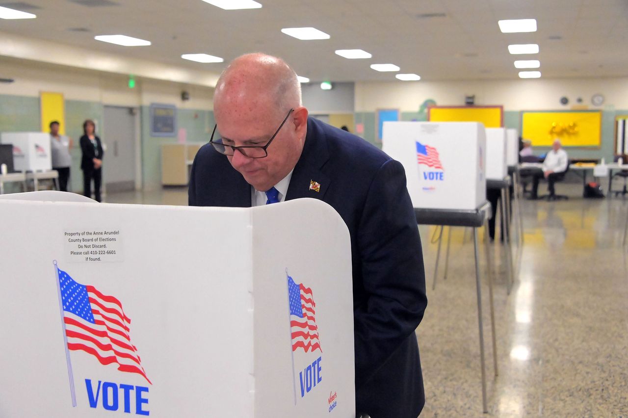 Then-Gov. Larry Hogan, a Republican, casts his ballot at Annapolis Middle School, the site of an early voting location, in 2022. (Karl Merton Ferron/The Baltimore Sun/Tribune News Service via Getty Images)