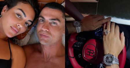 Zakochani Georgina i Ronaldo eksponują nadgarstki z wartymi FORTUNĘ ZEGARKAMI na kierownicy Bugatti za 44 mln zł (FOTO)