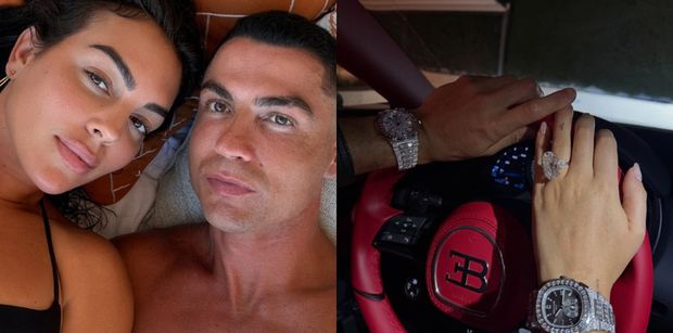 Zakochani Georgina i Ronaldo eksponują nadgarstki z wartymi FORTUNĘ ZEGARKAMI na kierownicy Bugatti za 44 mln zł (FOTO)