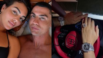 Zakochani Georgina i Ronaldo eksponują nadgarstki z wartymi FORTUNĘ ZEGARKAMI na kierownicy Bugatti za 44 mln zł (FOTO)