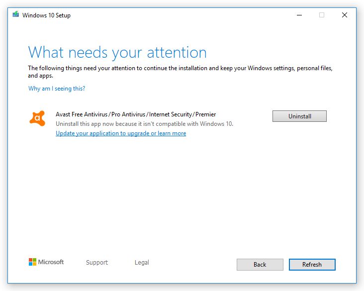 Problem z Avastem podczas instalacji Windowsa 10, źródło: Avast.