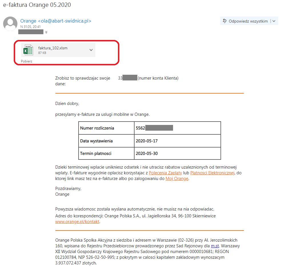 Fałszywy e-mail na pierwszy rzut oka może przypominać prawdziwą wiadomość od Orange, fot. Barnaba Siegel.