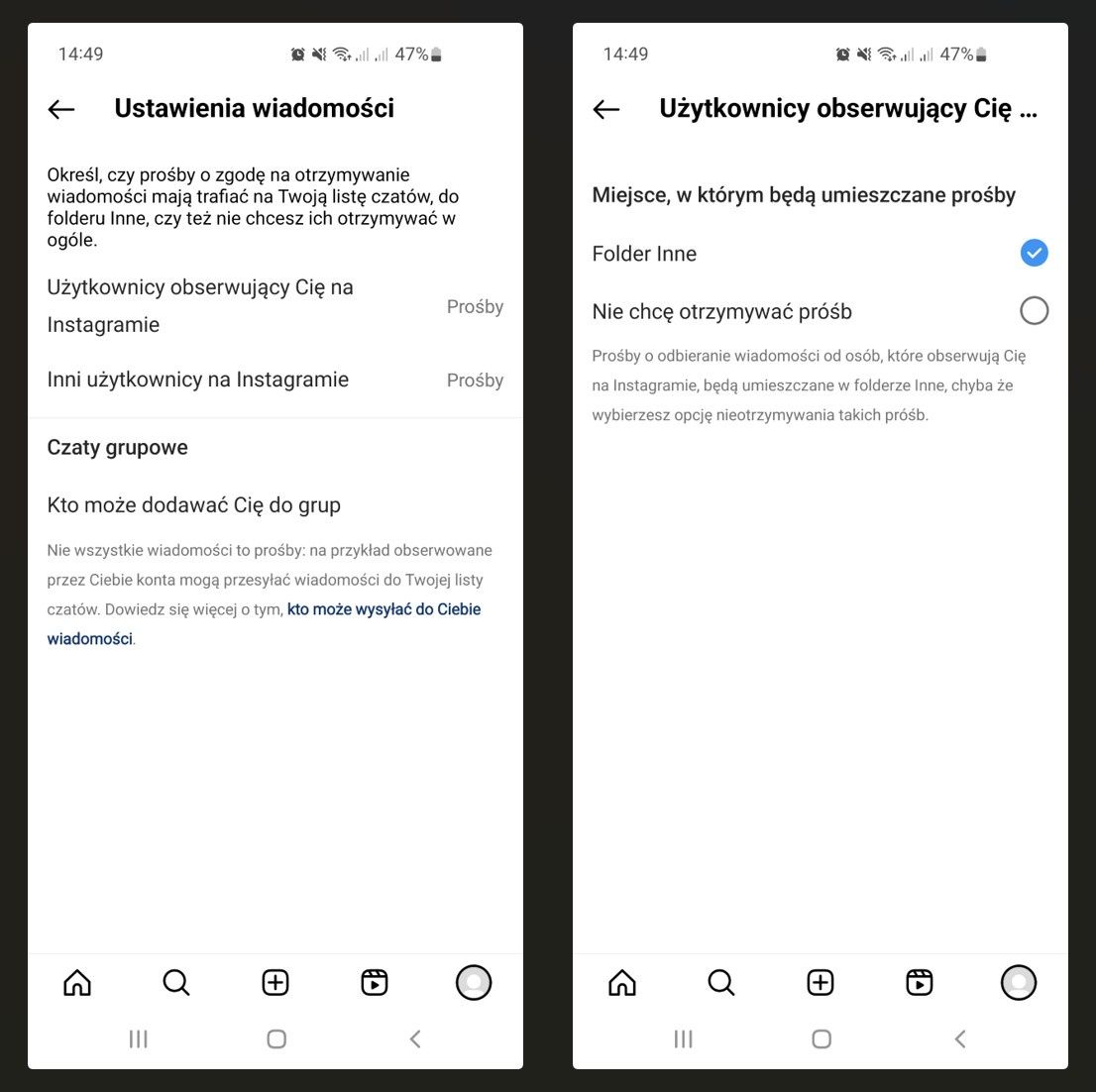 Ustawienia Instagramu pozwalające wyłączyć prośby o wysyłanie wiadomości