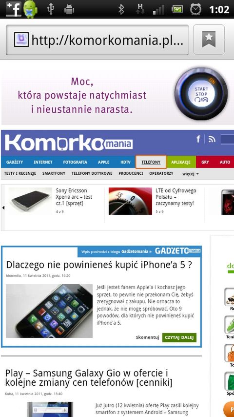 Przeglądarka internetowa Xperia arc