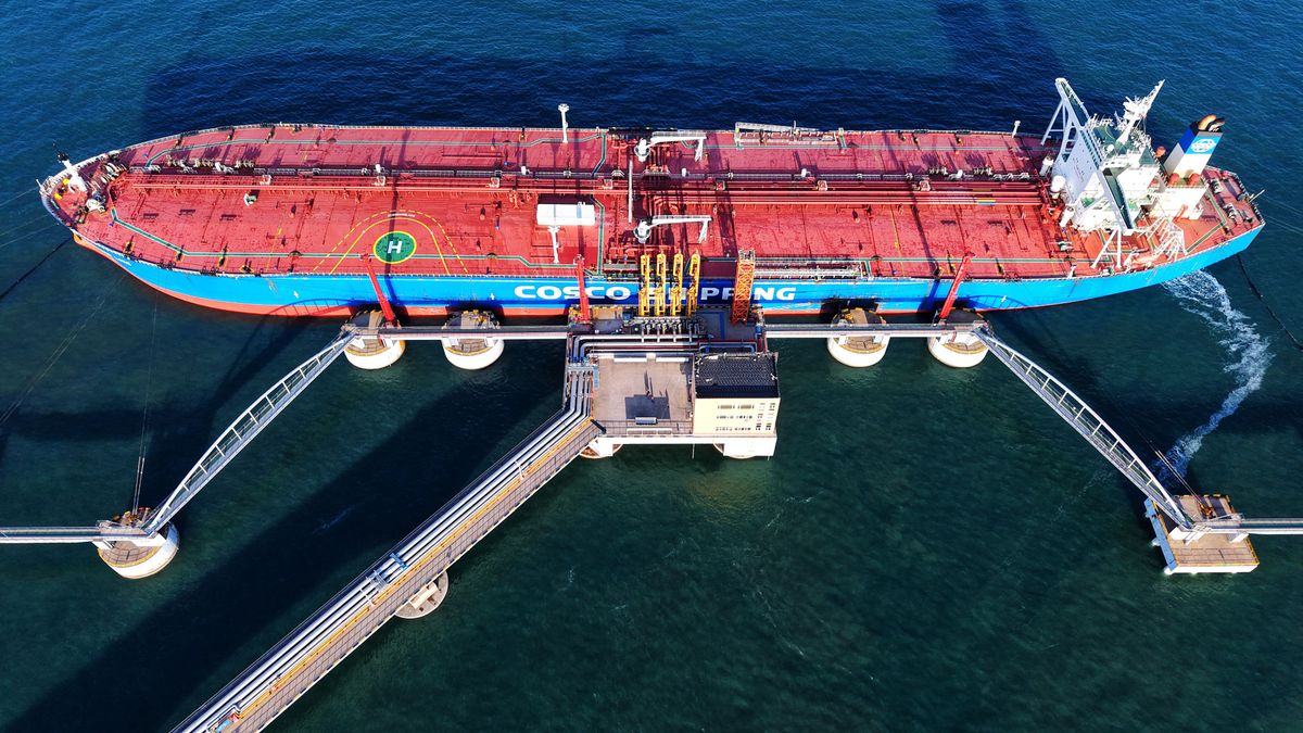 QINGDAO, CHINA - APRIL 2, 2025 - A cargo ship offloads imported crude oil at the port of Qingdao, east China's Shandong province on April 2, 2025. (Photo credit should read CFOTO/Future Publishing via Getty Images)