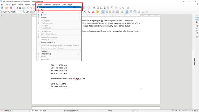 LibreOffice Writer: główne menu Tabela