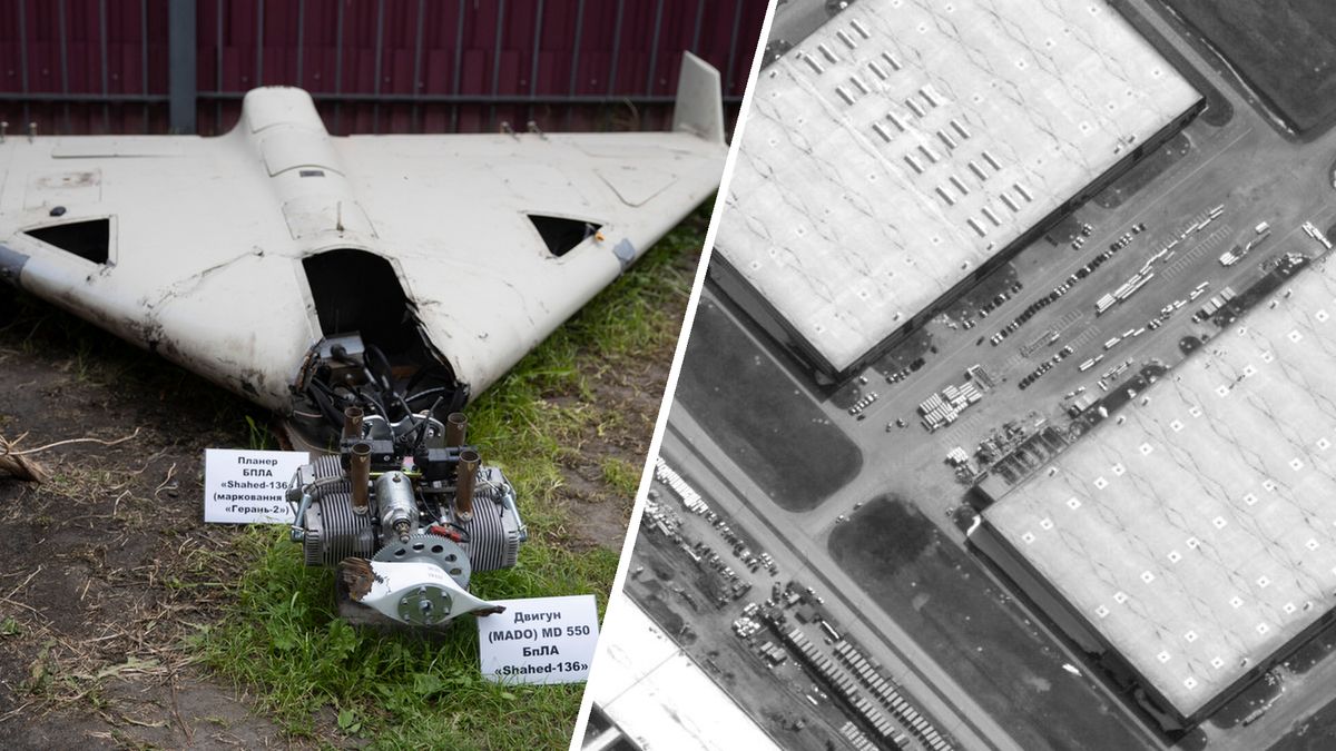 Jeden z irańskich dronów, zestrzelonych nad Kijowem, i zdjęcie rosyjskiej fabryki, która ma być szykowana do produkcji irańskich maszyn 