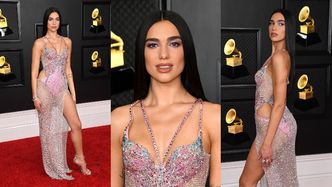 Grammy 2021: Dua Lipa gra nogą w prześwitującej kreacji Versace (ZDJĘCIA)