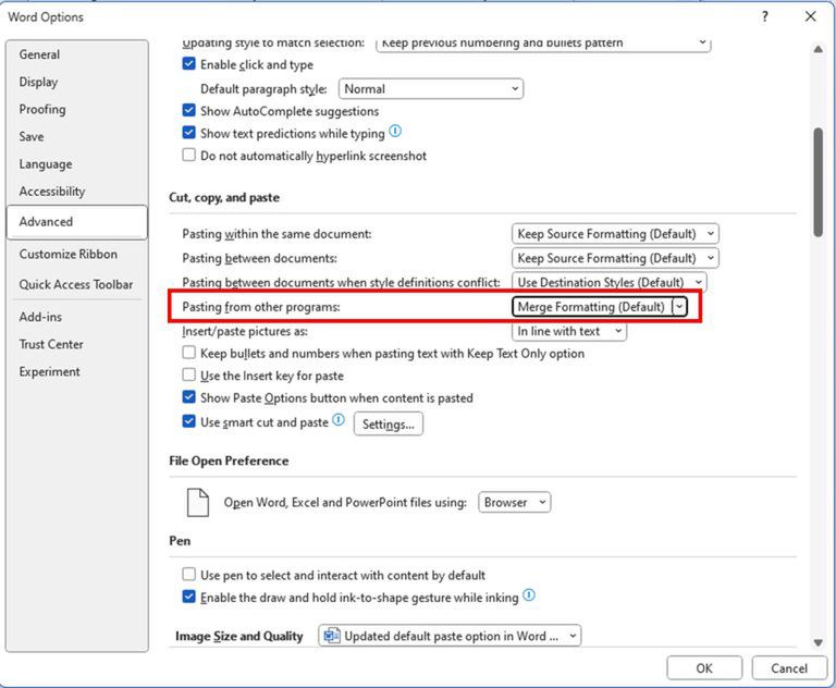 Ustawienia domyślnej opcji wklejania w Wordzie