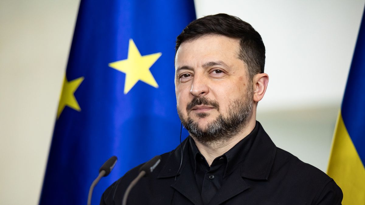 Ukrainian President Volodymyr Zelensky is pictured during a press conference at the Chancellery in Berlin, Germany, on April 14, 2026. German Chancellor Friedrich Merz is not in the picture. (Photo by Emmanuele Contini/NurPhoto via Getty Images)