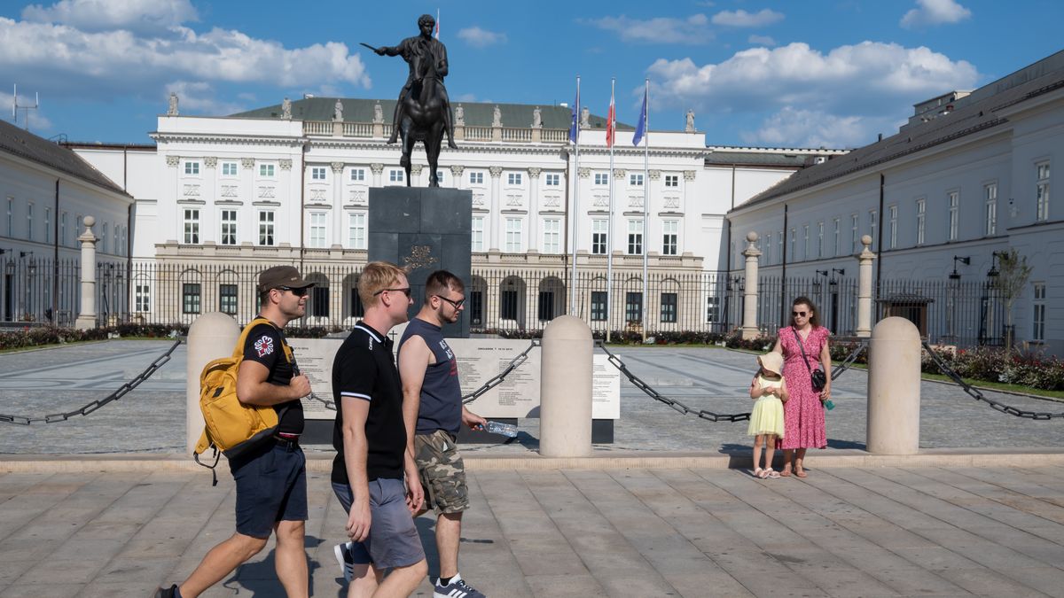 WARSAW, POLAND - 2024/08/17: People walk in front of Presidential Palace in Warsaw. The Presidential Palace, located on Krakowskie Przedmiecie Street in central Warsaw, serves as the official residence of the President of Poland. Built in 1643 as a mansion for Polish aristocrats, the 17th-century structure has undergone extensive renovations over the years. Today, it is a popular tourist destination, offering public tours. (Photo by Tomas Tkacik/SOPA Images/LightRocket via Getty Images)
