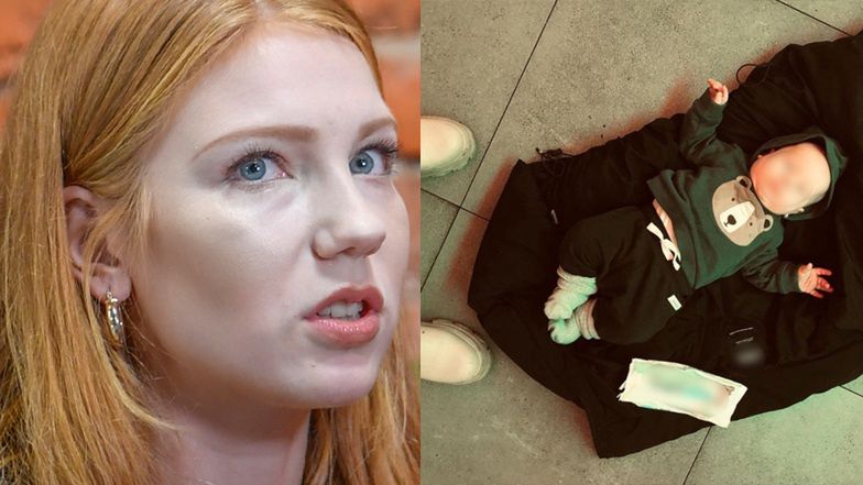 Marianna Gierszewska przewija dziecko na podłodze 