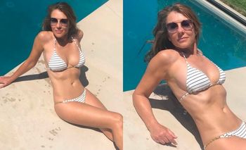 Elizabeth Hurley eksponuje wdzięki w pasiastym bikini. Dacie wiarę, że jest już po 60-tce? (ZDJĘCIA)