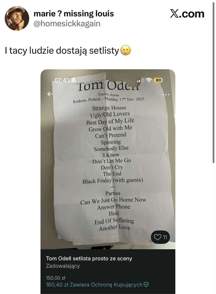 Setlista Toma Odella wystawiona na Vinted. Chytrusy sprzedają pa