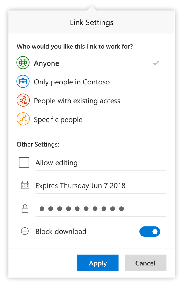 menu udostępniania pliku z możliwością wpisania hasła i blokady pobierania
