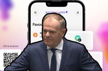 Donald Tusk na tle aplikacji Zondacrypto