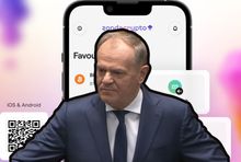 Donald Tusk na tle aplikacji Zondacrypto