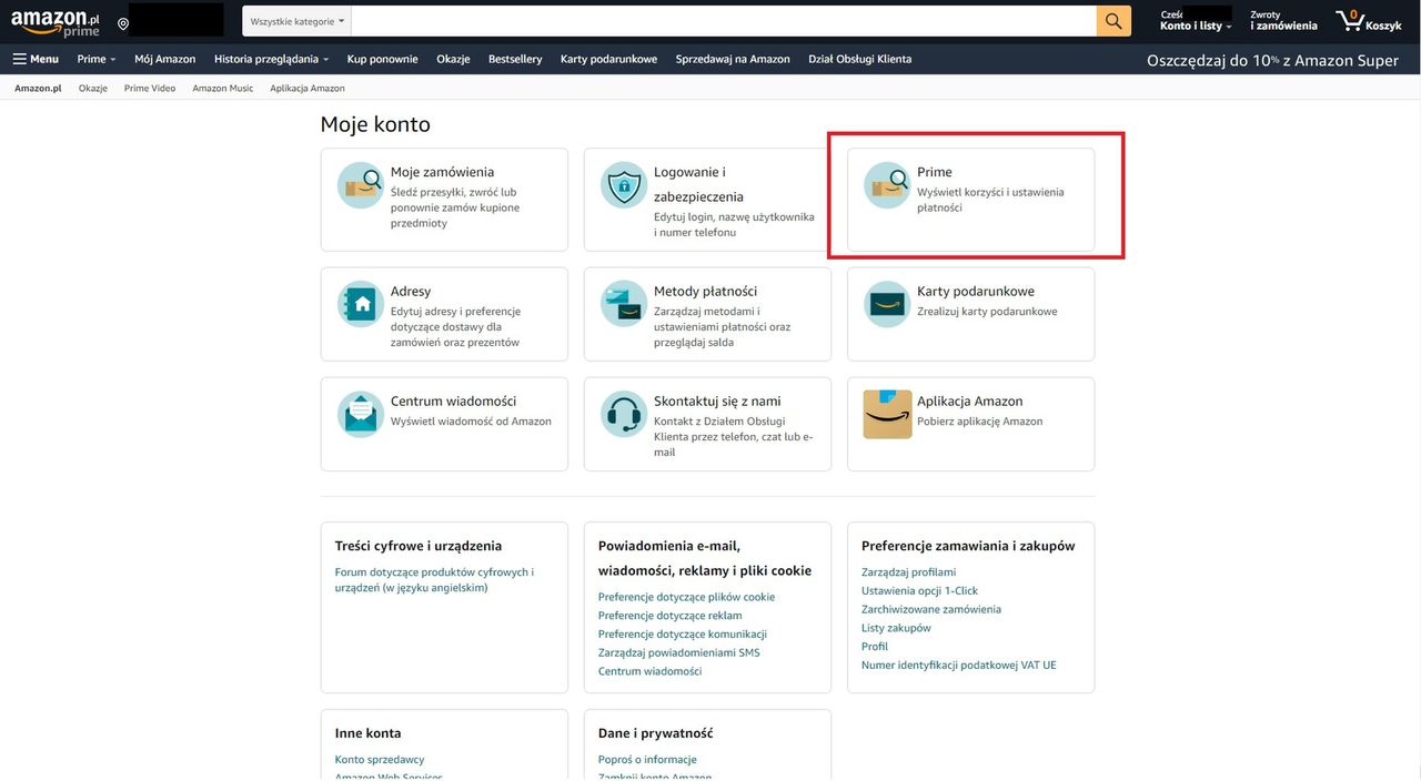 Ustawienia konta Amazon - przycisk Prime