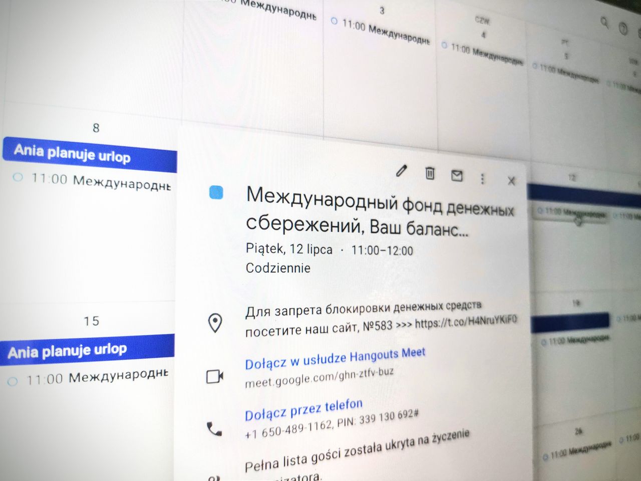 Oszustwo w kalendarzu Google. Scamerzy z Rosji chcą mój numer karty kredytowej