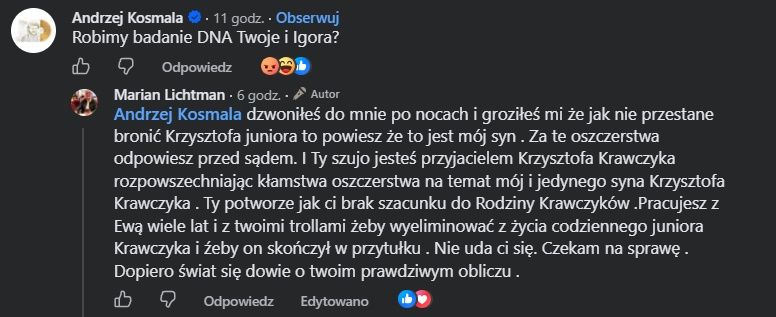 Kłótnia Andrzeja Kosmali i Mariana Lichtmana na Facebooku
