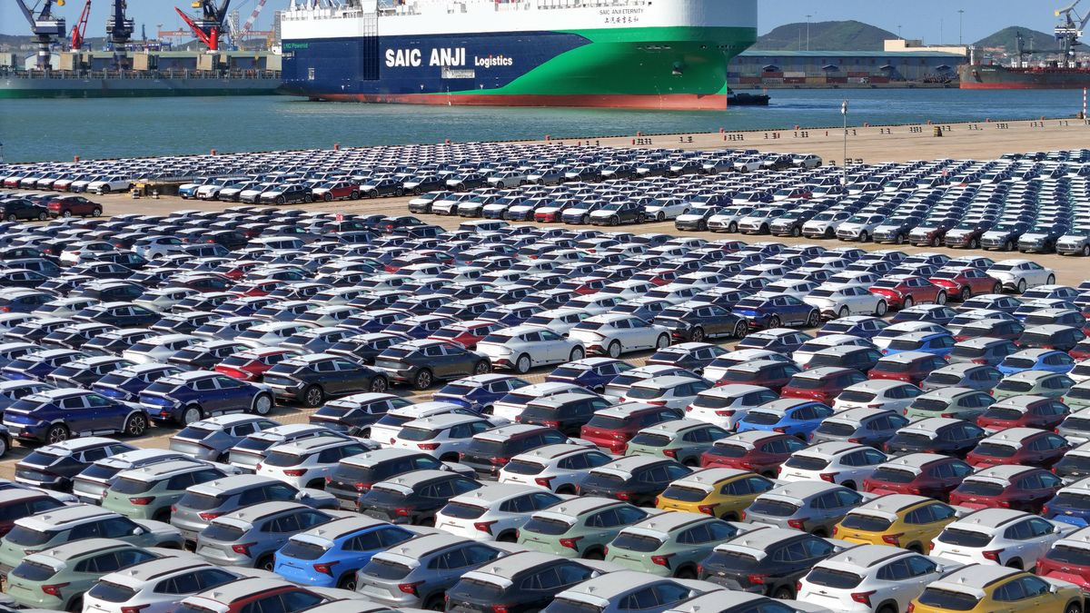 SAIC Anji ETERNITY, a clean energy ro-ro ship built by China's domestic automakers, is arriving from the shipyard to load cars for export at Yantai Port in Yantai, Shandong province, China, on May 15, 2024. With a total length of 199.9 meters and a load capacity of 7,000 cars, the ship is representing a new generation of environmentally friendly ships that are using clean and environmentally friendly liquefied natural gas as the main fuel for the main engine and generators. (Photo by Costfoto/NurPhoto via Getty Images)