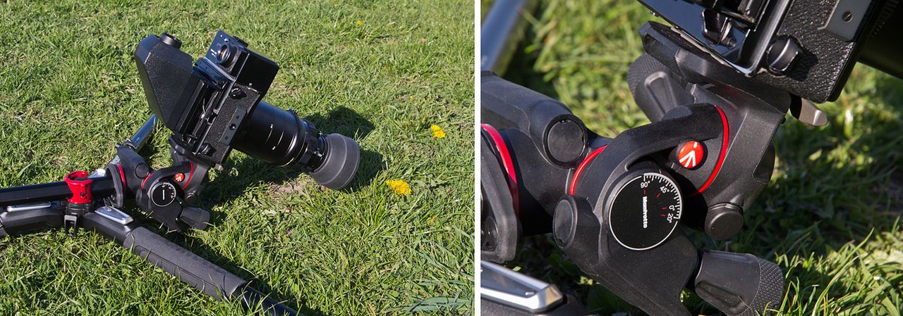 Statyw w pozycji do fotografowania „kwiatków i motylków”, czyli z położoną kolumną i głowicą tuż nad ziemią. Przy tak solidnym aparacie jak na zdjęciu, kolumny lepiej nie wysuwać do przodu. Prawym zdjęciem wybiegam naprzód, do opisu możliwości głowicy. Aparat musiałem bowiem zamontować na niej tył na przód, bo do tyłu odchyla się ona tylko o 20°, a tu potrzebowałem 60°.© Paweł Baldwin